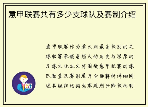 意甲联赛共有多少支球队及赛制介绍